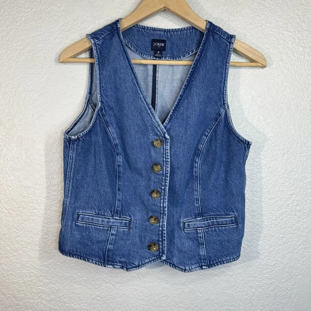 J Crew Denim Vest Fitted Button Retro Sleeveless Top Classic Timeless Women 6